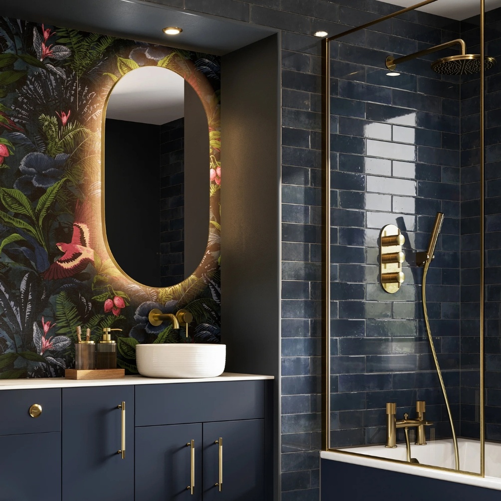 Lifestyle image of the hib. Arcane Pill 500mm x 900mm Brushed Brass Illuminated Frame Mirror